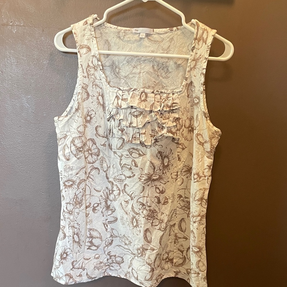 GAP Floral Ruffle Tank Top - Cream and Brown